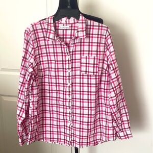 Kim Rogers Pink Plaid 100% Cotton Button Front Blouse Roll Tab Sleeve